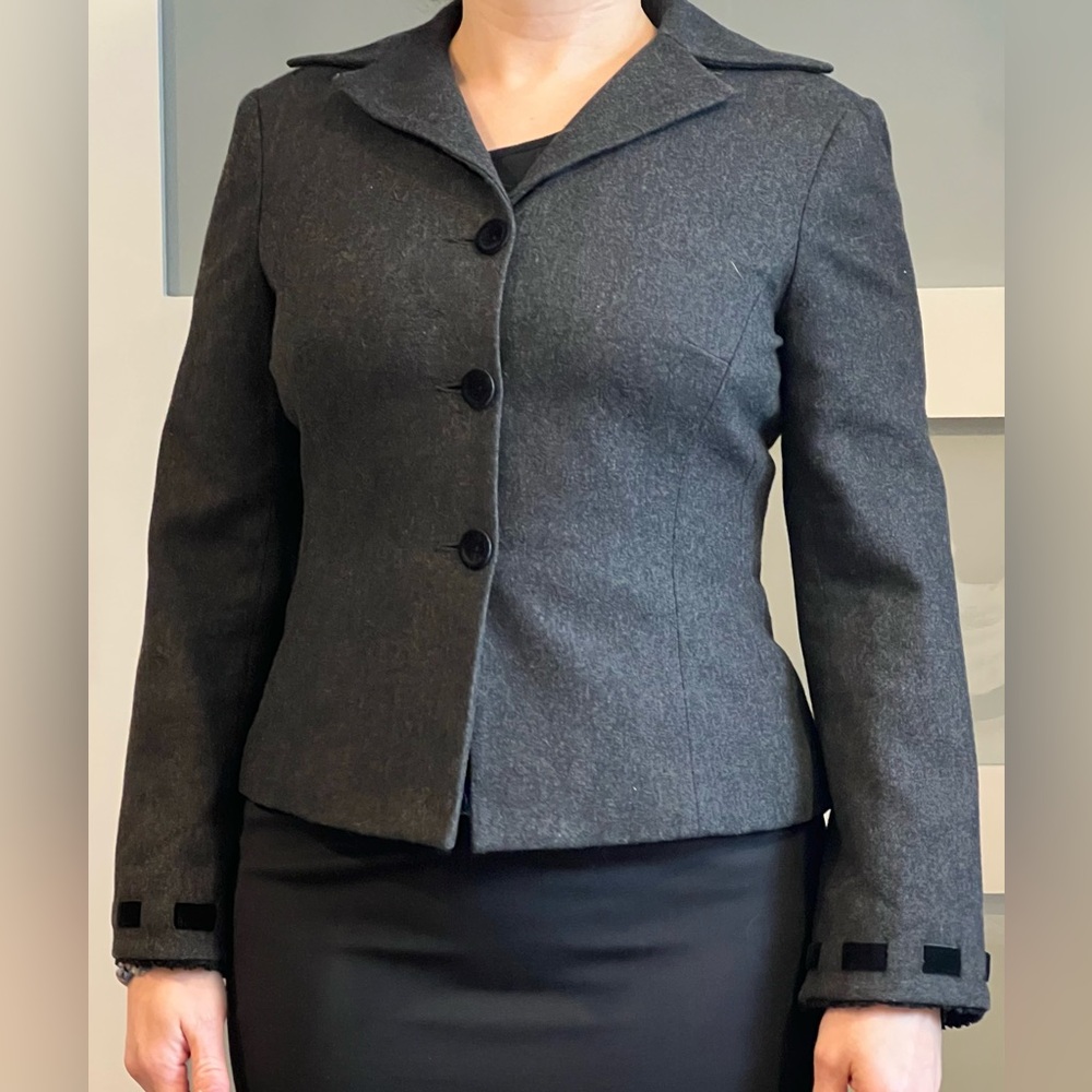 Nanette Lepore Petites 6P grey wool blazer velvet ribbon accents